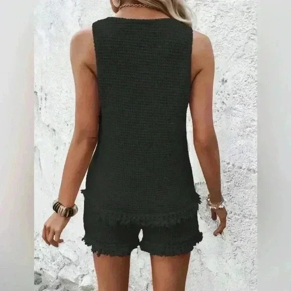 SHEIN Set Lune Tank Top And Fringe Trim Shorts Color Black Size Large - Picture 2 of 9